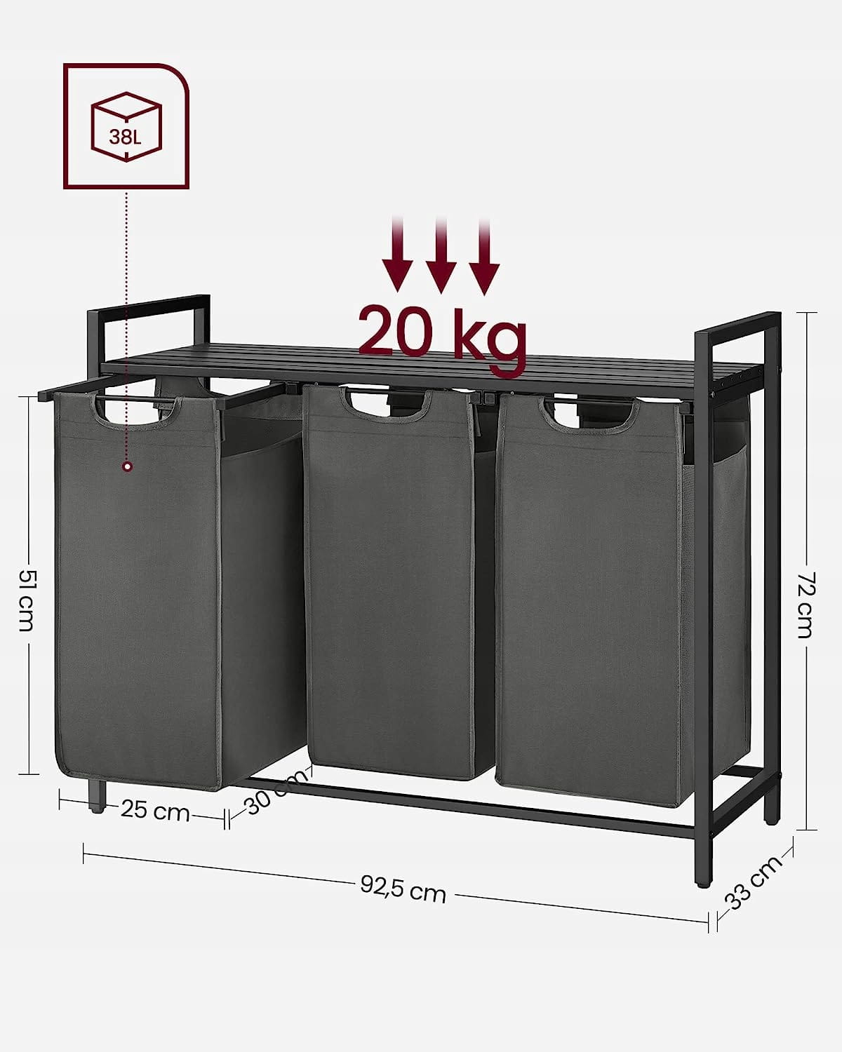 Mobile portabiancheria Valora 3 x 38L grigio e nero | Tre scomparti