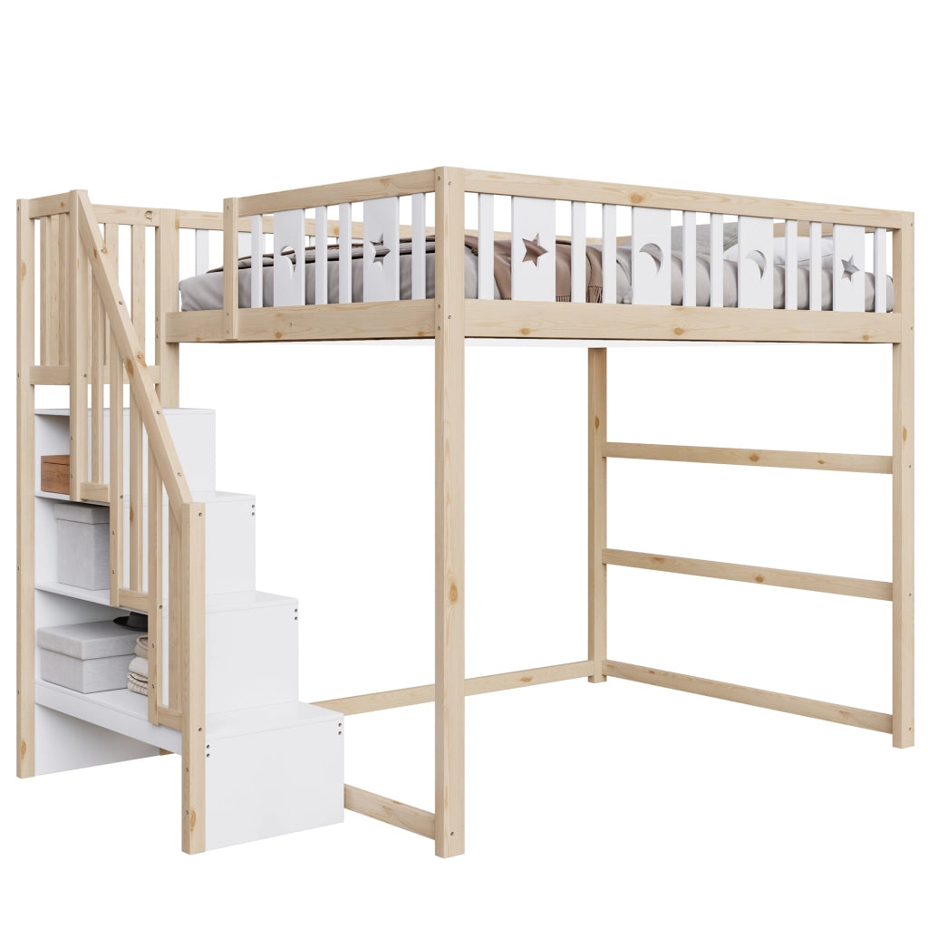 Hochbett per bambini 140x200 cm con scala e ripiani; in legno massello bianco/naturale
