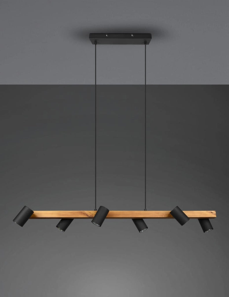 Lampadario Trio MARLEY nero/legno 6xGU10 Ø115 h150