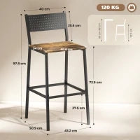 Set 2 Sgabelli da Bar con Schienale e Poggiapiedi Integrato in Stile Industriale, Marrone Rustico