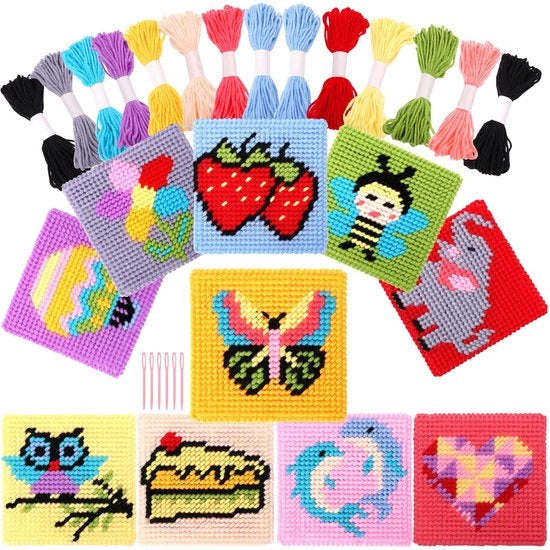 Kit di crocera 10-in-1 per principianti, comprensivo di istruzioni per 10 diversi modelli, 10 telai di canapa bianca per lavori manuali e 14 fili colorati, set di punterelle per iniziare a cucire