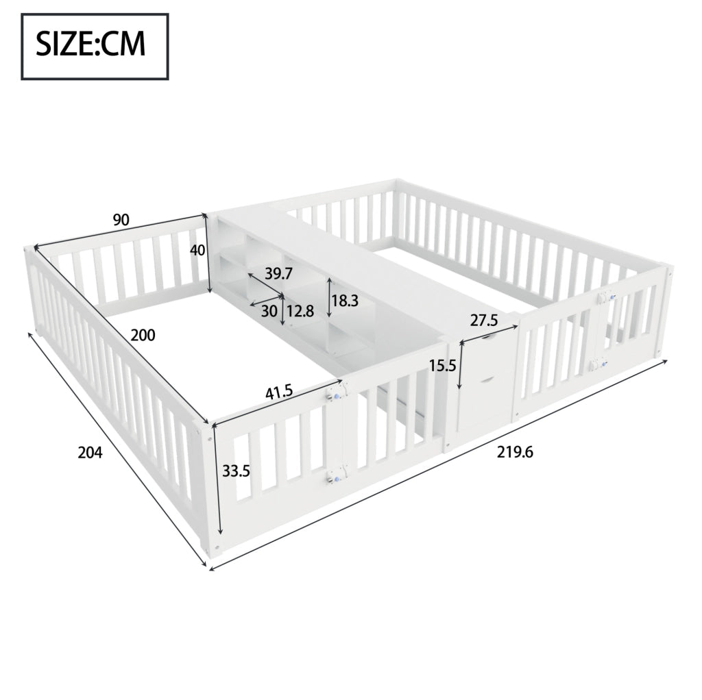 Letto multifunzione per bambini 90x200 cm con 2 posti, cassetti e scaffale