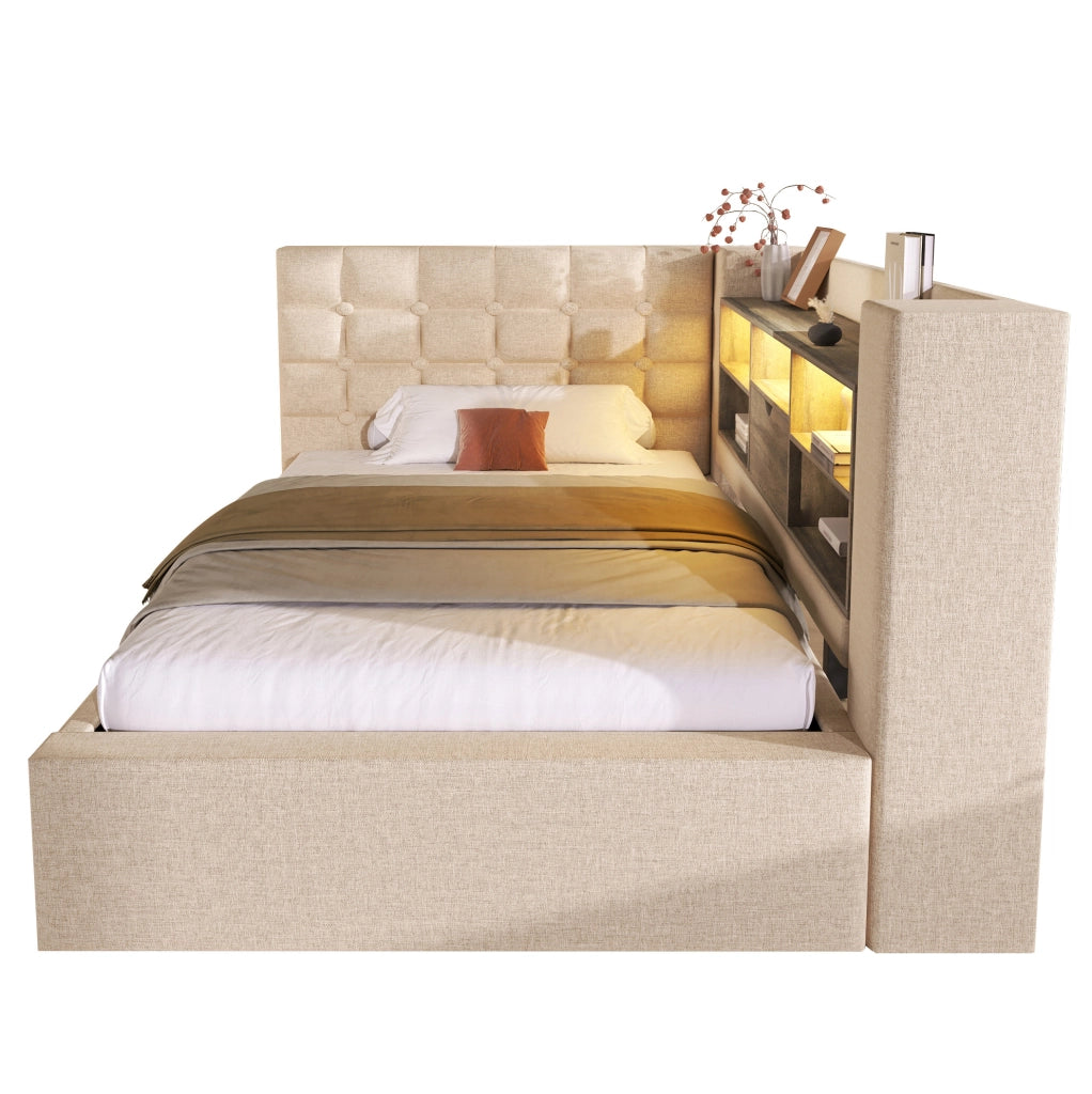 Letto singolo 90x200 cm in lino beige con LED; contenitore idraulico; USB e materasso