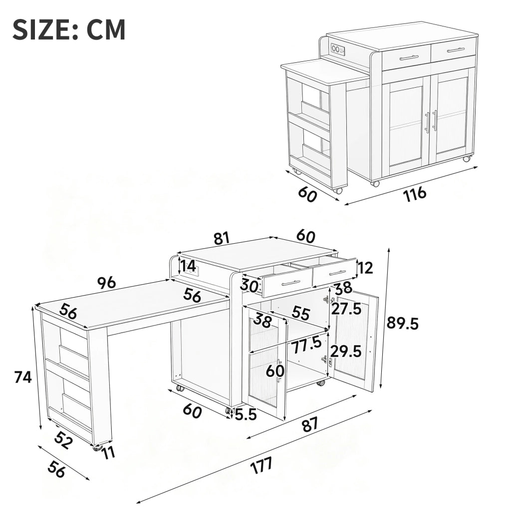 Isola cucina mobile con piano allungabile 116/177 cm; prese EU e USB; bianca