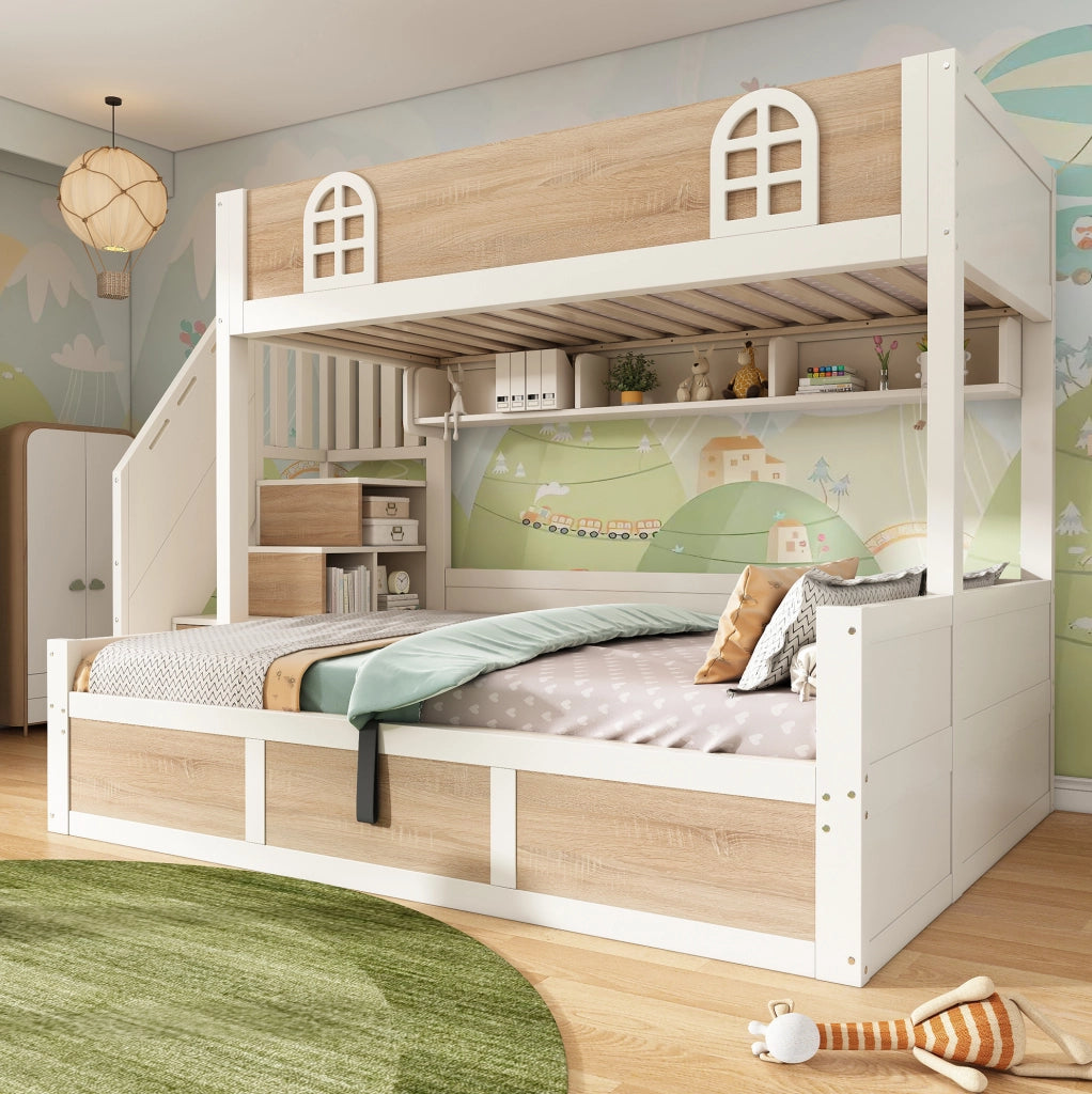 Letto a castello con scala contenitore 90x200 e 140x200 cm in legno bianco e naturale