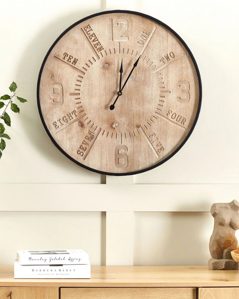 Orologio da parete rotondo con struttura in ferro dorato design retrò MDF 60 cm quadrante in legno chiaro