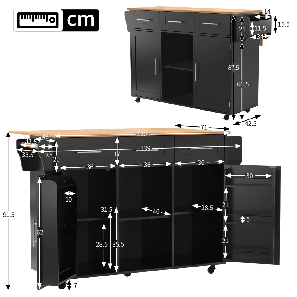 Carrello cucina multifunzionale 139x46(71)x91,5 cm con piano ribaltabile, 3 cassetti, 3 vani e ruote, nero/naturale