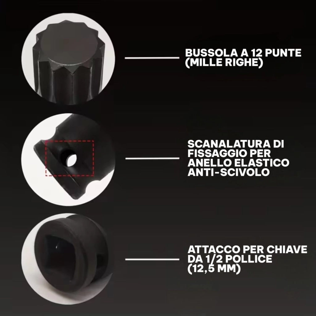 Set Chiavi a Bussola XZN 1/2" M5–M18 (8pz) per Viti Spline Chiavi Impulsi 07833