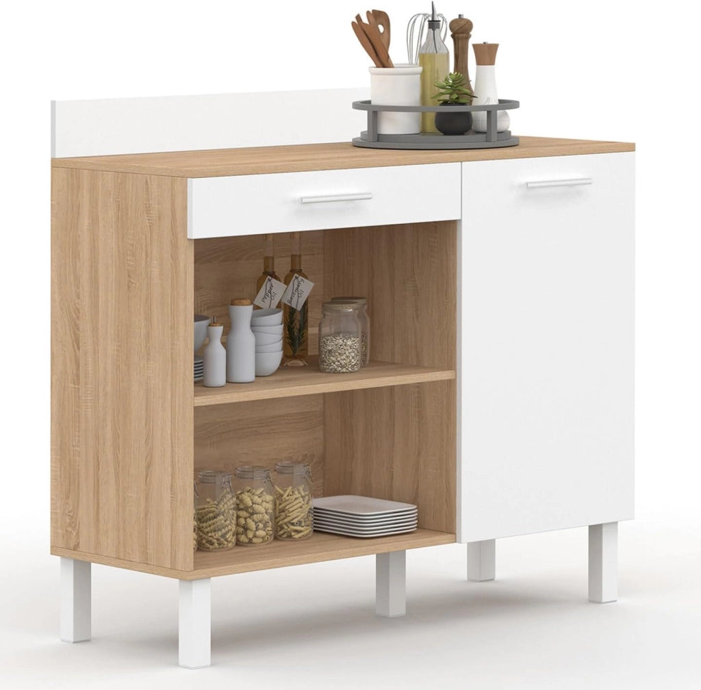 Credenza bassa 100 cm Piano di lavoro CINA H.83 cm 1 anta + 1 cassetto finitura faggio e bianco