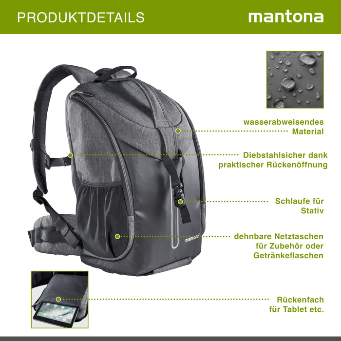 Mantona Tallinn Zaino fotografico per fotocamera SLR DSLR, obiettivi e accessori, con supporto per treppiede e copertura antipioggia, scomparti regolabili
