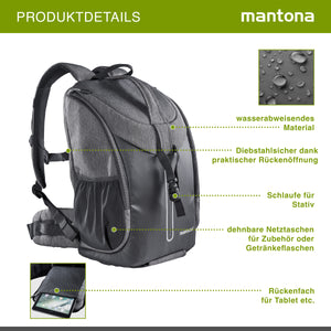 Mantona Tallinn Zaino fotografico per fotocamera SLR DSLR, obiettivi e accessori, con supporto per treppiede e copertura antipioggia, scomparti regolabili