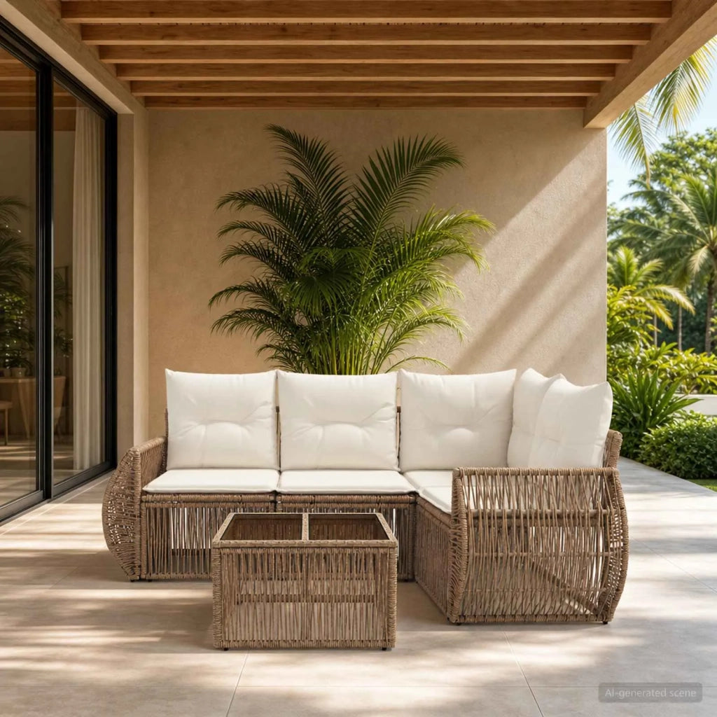 Set Divano da Giardino 5 pz Beige e Bianco Crema polyrattan 3435414