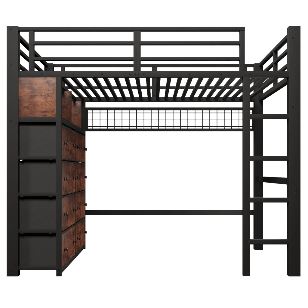 LETTO ALTO 140x200 cm Nero in Metallo e MDF con 8 cassetti