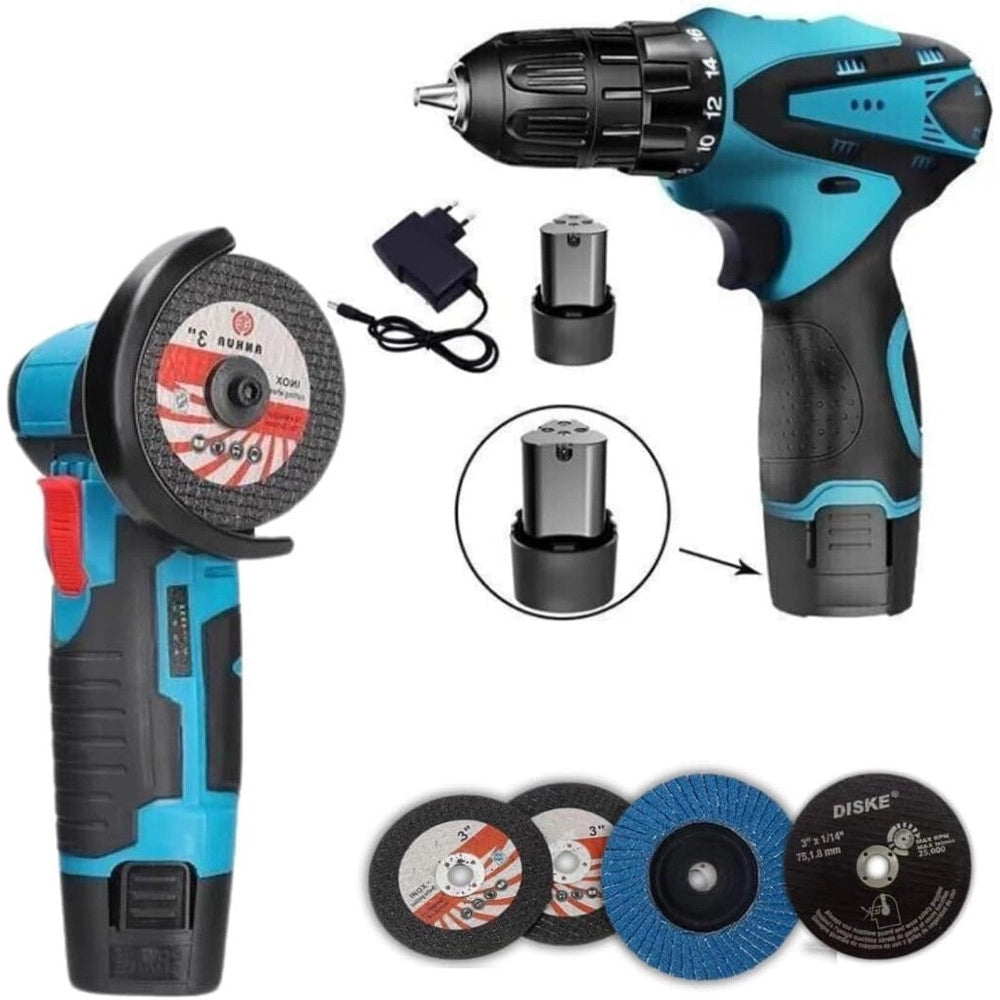 Trade Shop - Set Trapano Avvitatore + Flex Smerigliatrice Angolare A Batteria 18v Con Accessori -