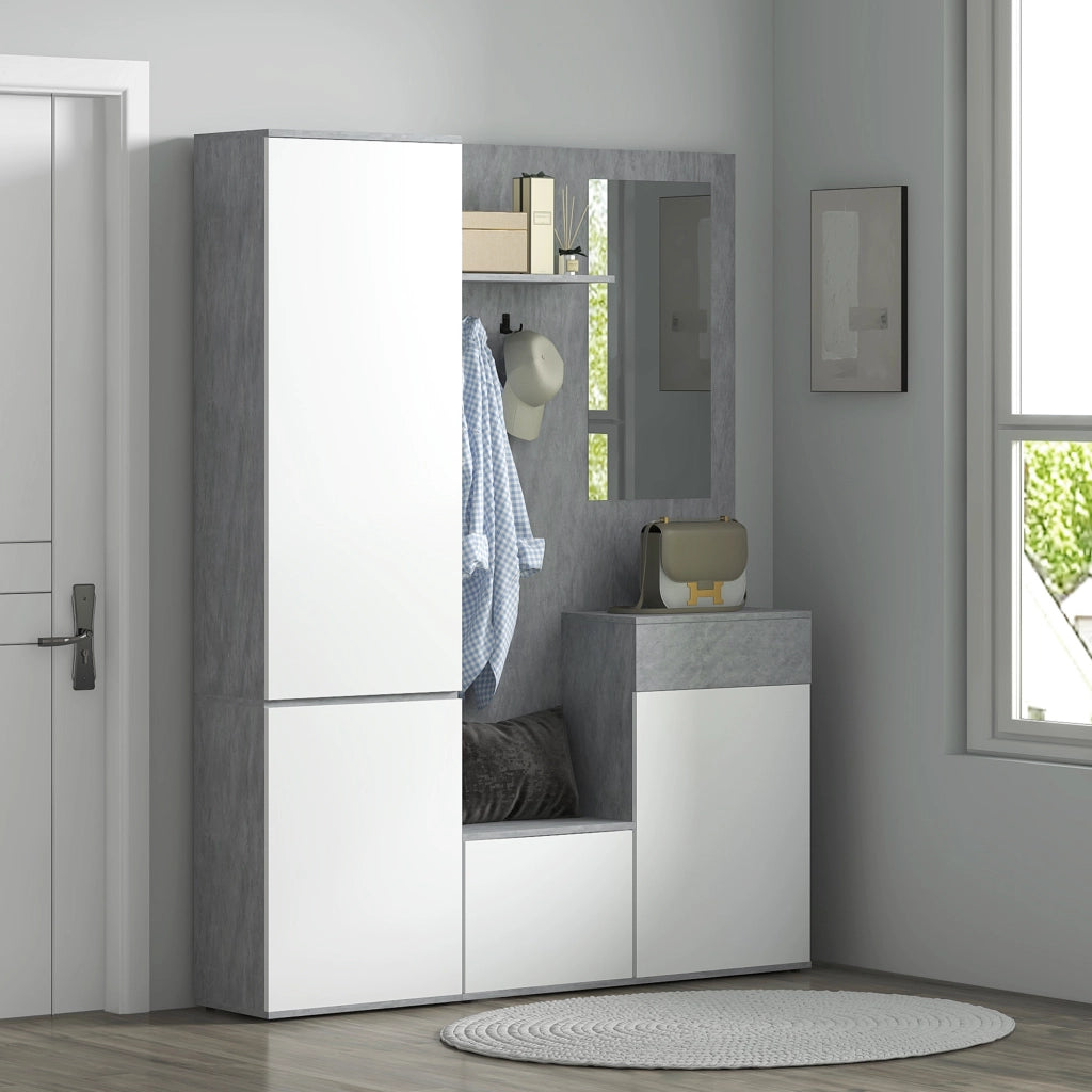 Mobile Ingresso con Specchio, Ganci e Ripiani ¨C Zephmum ¨C Grigio e Bianco, Legno, 145x29x184 cm