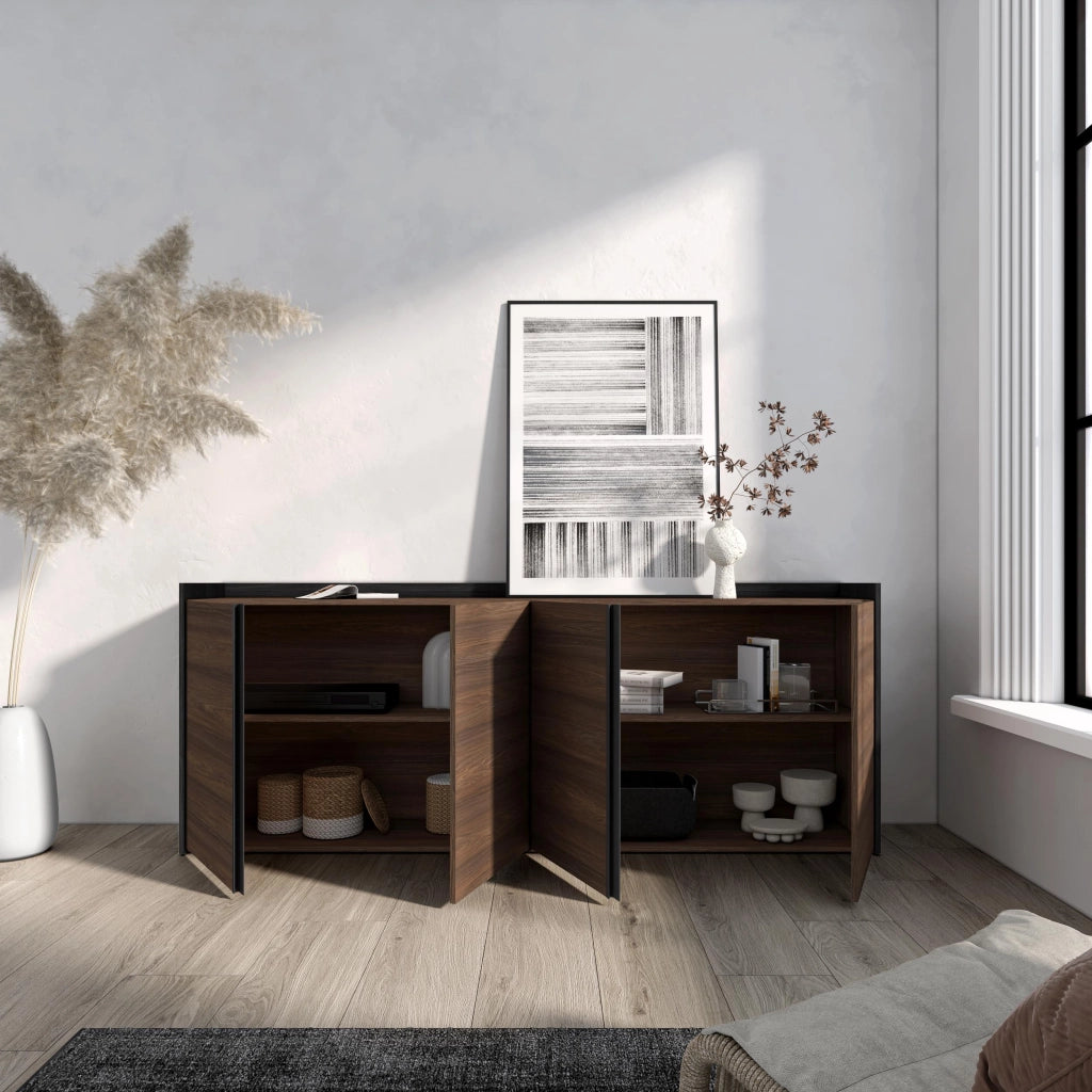 Credenza, Mobile, Cucina, 207x80x35 cm, 4 Porte, grande stoccaggio, Rovere scuro e Nero