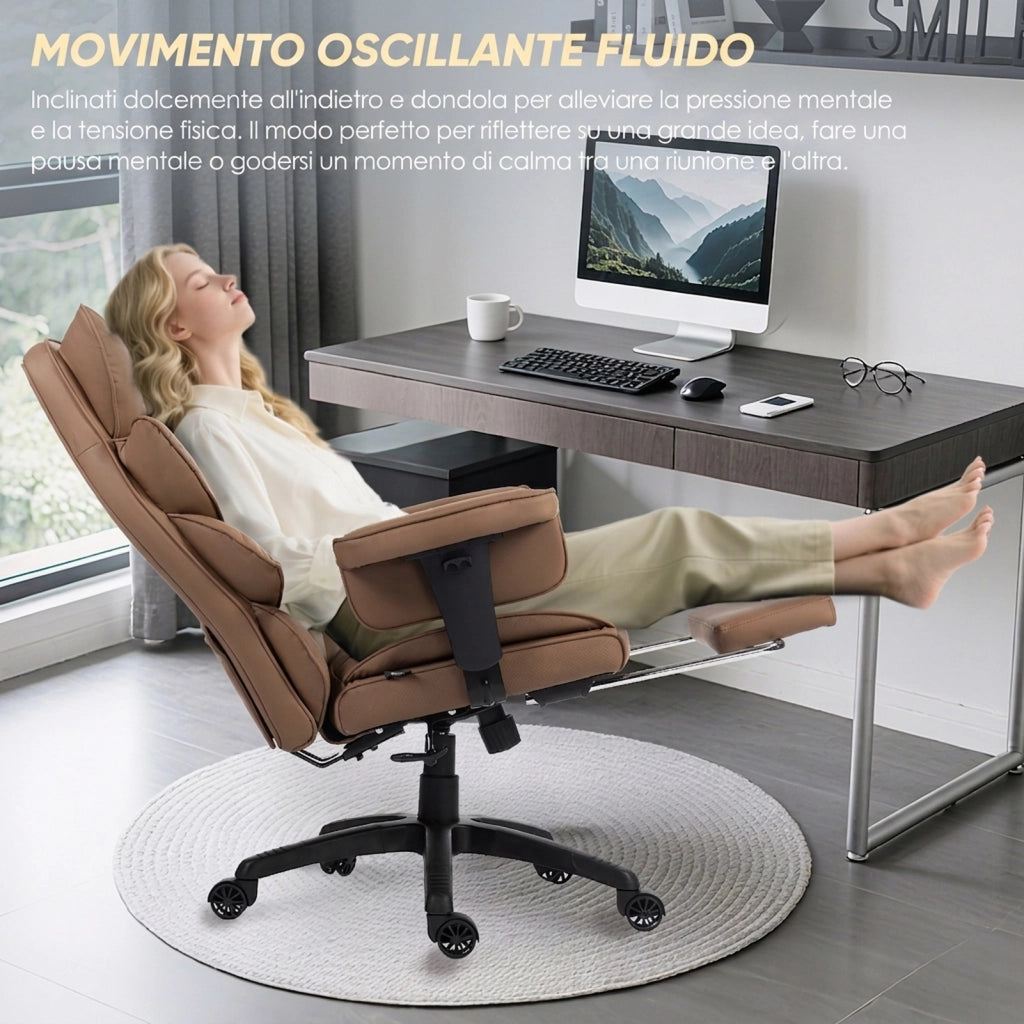 Sedia da Gaming | Schienale a doppio strato rinforzato, supporto lombare regolabile, braccioli e poggiapiedi, rivestimento in similpelle PU, marrone