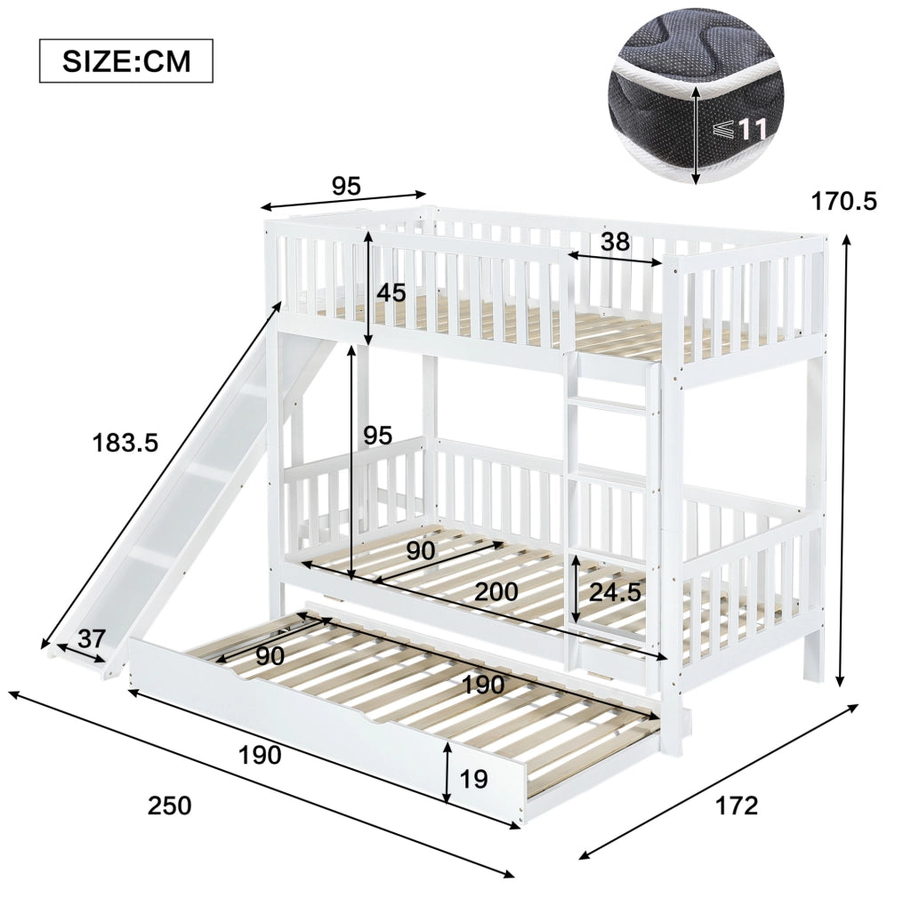 Letto a castello con letto estraibile, scivolo e scaffali