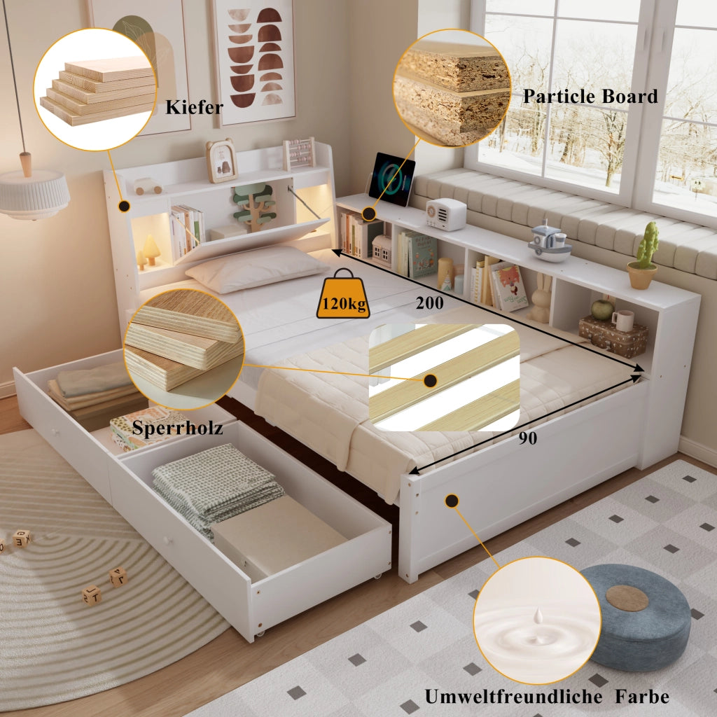 OKWISH Letto Singolo 90×200 cm con Contenitore, Presa di Ricarica, 2 Luci e Cassetti, senza Materasso, in Legno e MDF, Bianco