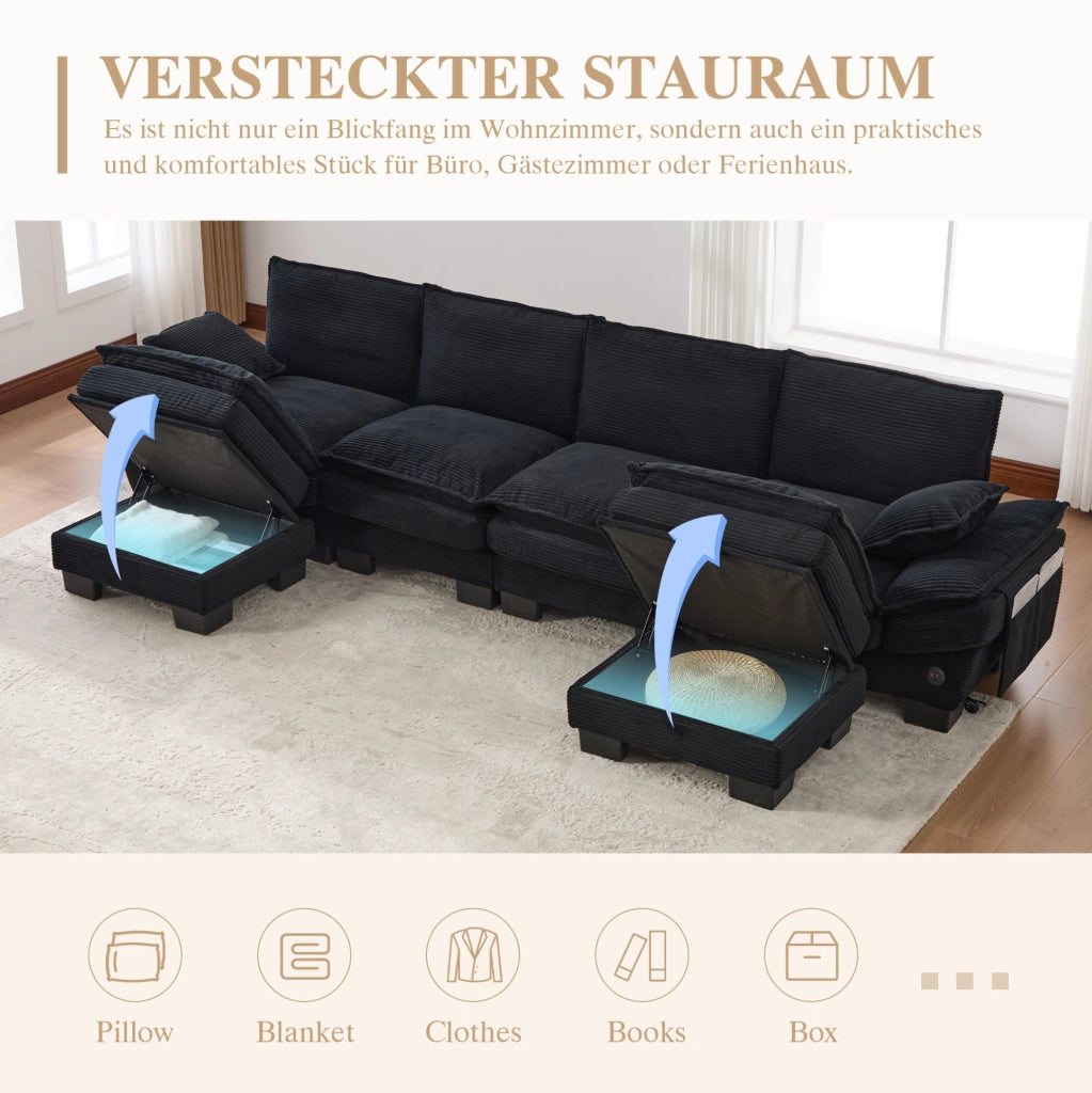 Divano modulare 4 posti con 2 pouf; USB-C; in corduroy nero; 330x132x84 cm