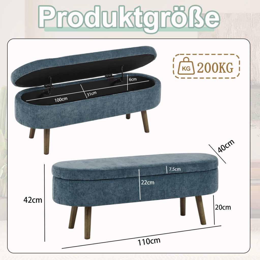 Panca contenitore ovale in ciniglia blu 110x40x42 cm