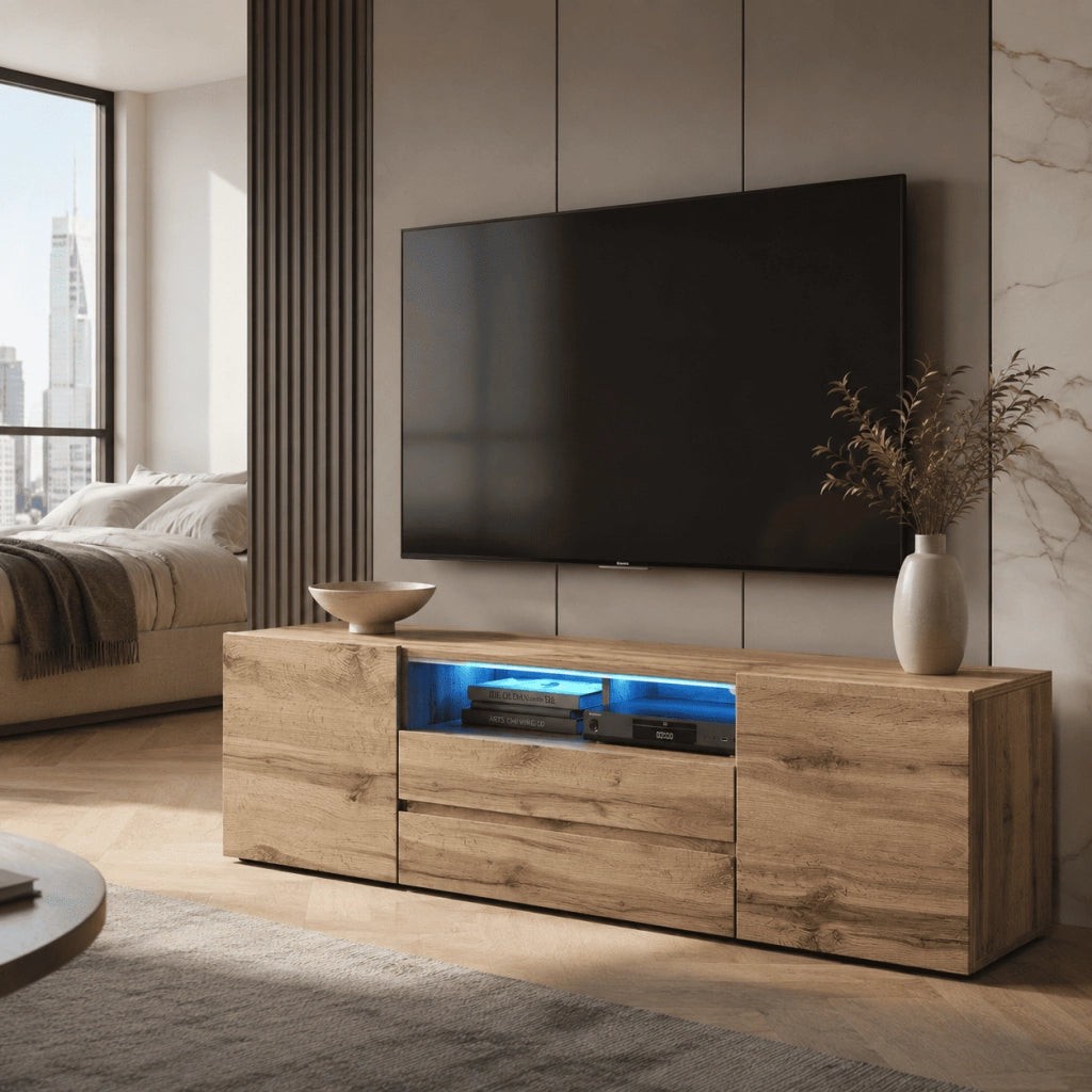 Mobile TV Design Moderno Nordico Con LED Integrati 2 Ante Battenti 1 Anta A Ribalta E Vani A Giorno In Melaminico Per Soggiorno Salotto Zona Living 137 X 45.5 X 33 Cm Rovere
