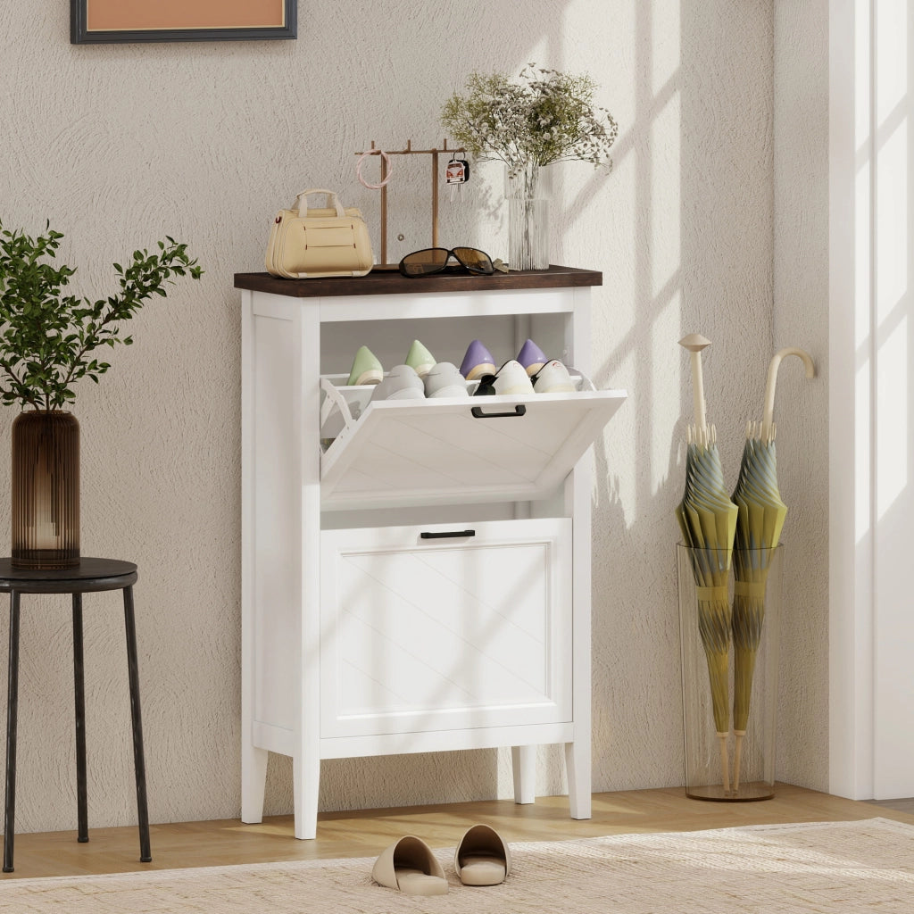 Scarpiera Country con 2 Cassetti Ribalta. Ripiani Regolabili. Design Bianco.