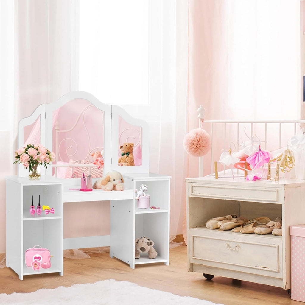 Toeletta per bambini in Legno, Design Smontabile 2 in 1, Mobile da Trucco Stile Principessa con 4 Mensole e Specchio, Mobile per Il Trucco per Bambini (Bianco)