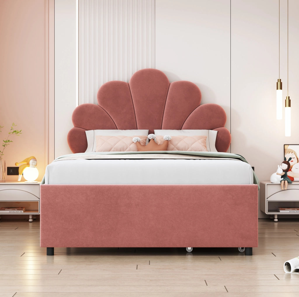 Letto imbottito per bambini 90x200 cm in velluto rosa con testiera decorativa e 2 cassetti