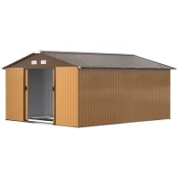 Casetta da Giardino con 2 Porte Scorrevoli e 4 Prese d'Aria in Acciaio, 340x386x200cm, Giallo