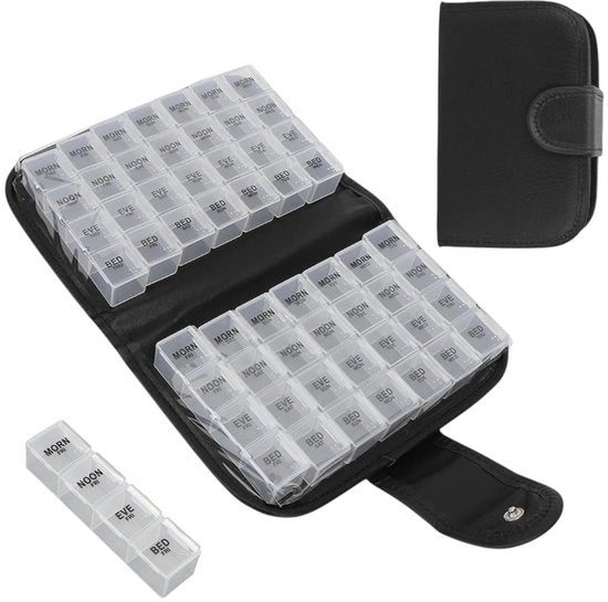 Organizzatore di medicinali, cassetta per pillole con 56 compartimenti, grande cassetta per pillole, vitamine, olio di pesce, 19x14x6,2cm (nero)