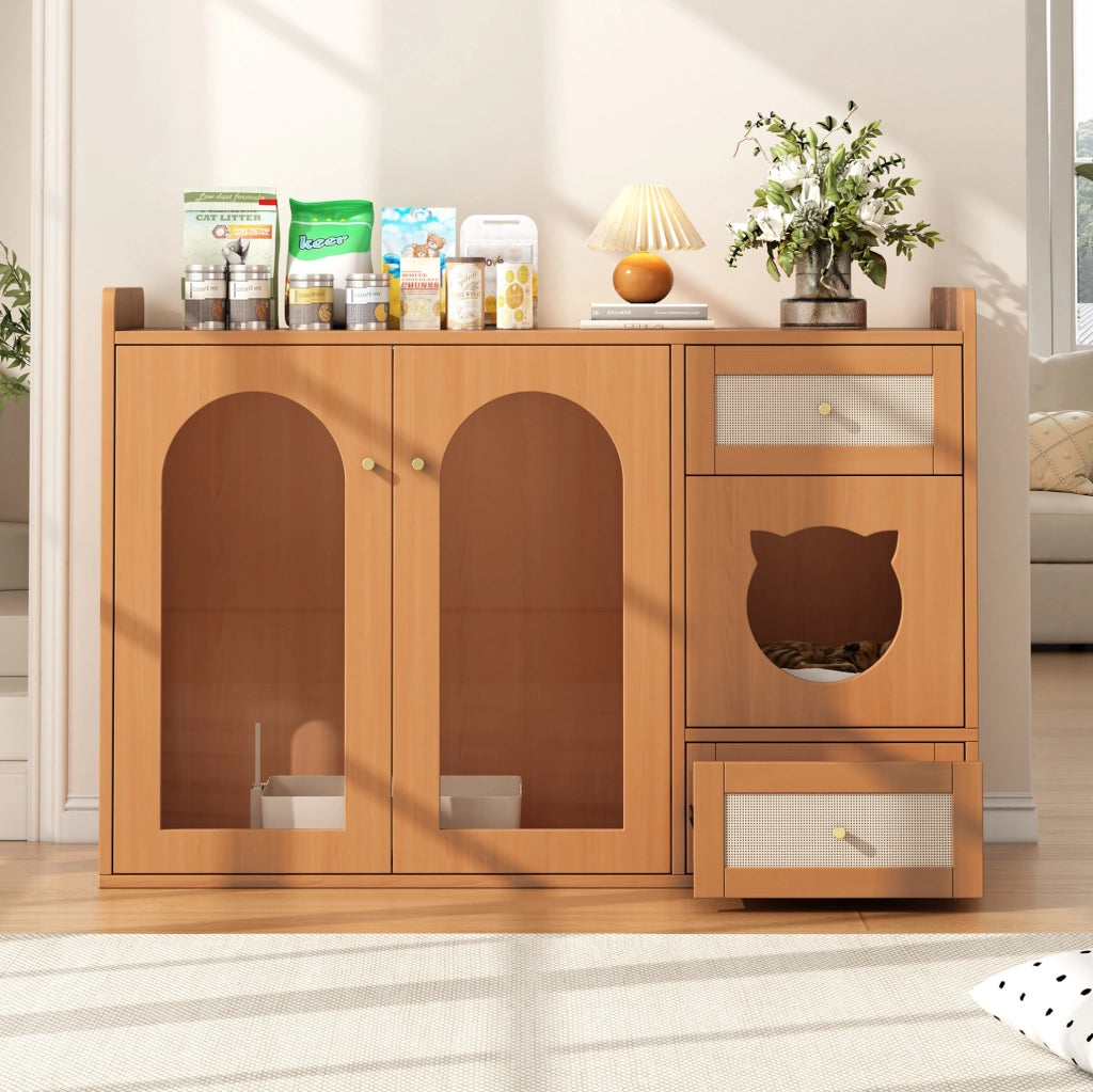 Mobile lettiera per gatti 120x45x83 cm con zona nascosta; vano riposo e ciotole in MDF e vetro; noce