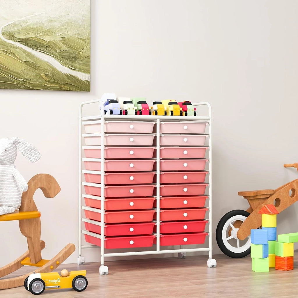 Carrello di Stoccaggio con 20 Cassetti, Carrello portaoggetti con 4 Ruote, Carrello Multiuso per Scuola Ufficio Cucina, 64 x 39 x 88 cm (Rosa)