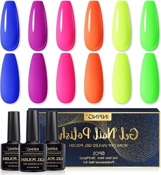 Set di Vernici a Gelo Neon a 6 Colori - Giallo Vivace, Verde, Arancione, Rosa, Blu Scuro, Blu - Vernici a Gelo Soak-Off UV per Manicure Domestica