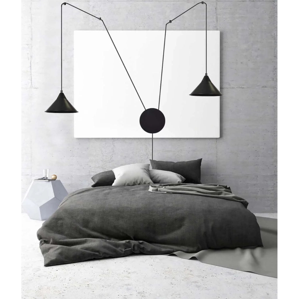 Sospensione Minimal 2 Luci Fujin In Acciao Nero E Paralume A Cono