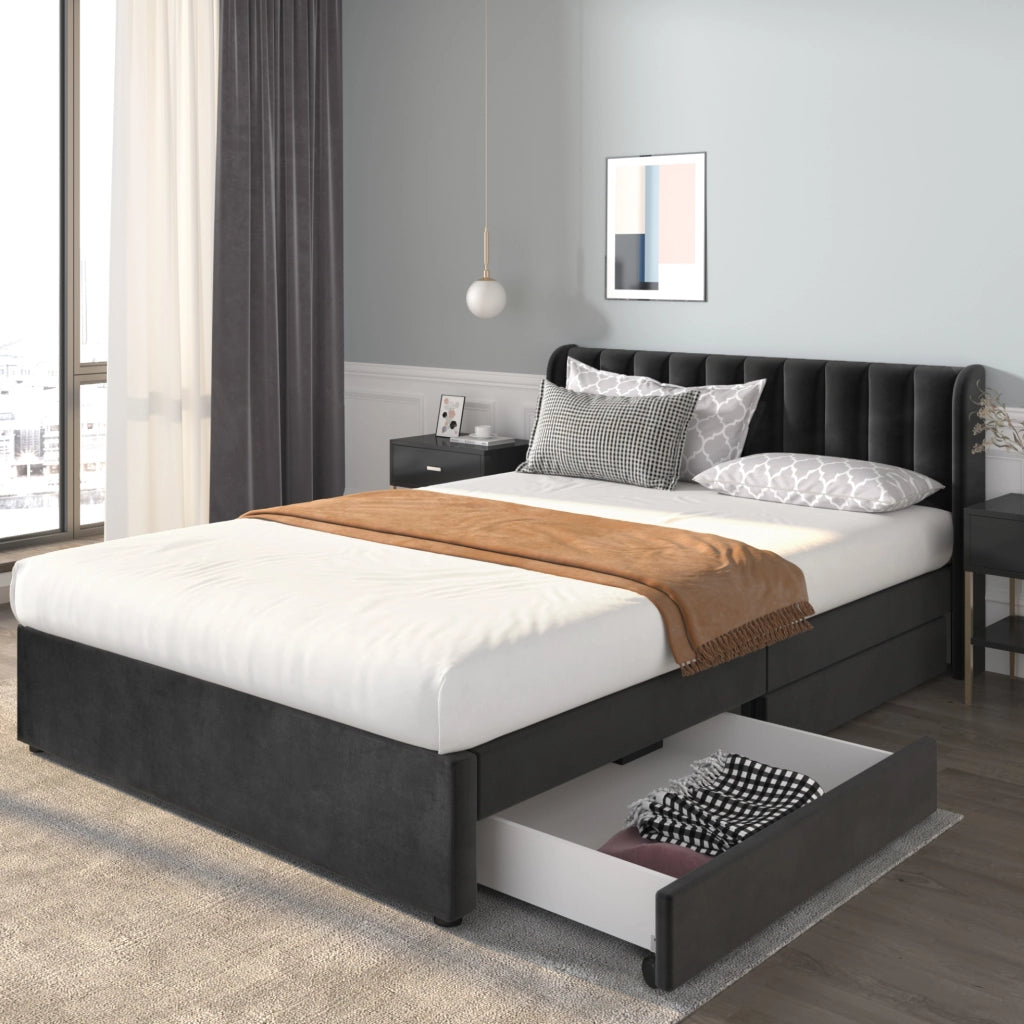 Letto matrimoniale 140x200 cm con 2 cassetti; velluto nero (Senza materasso)