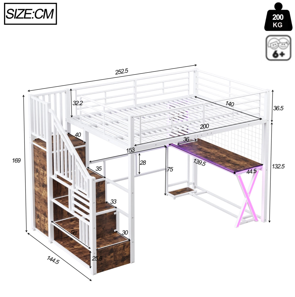Letto a soppalco 140x200 cm con scrivania, armadio e LED
