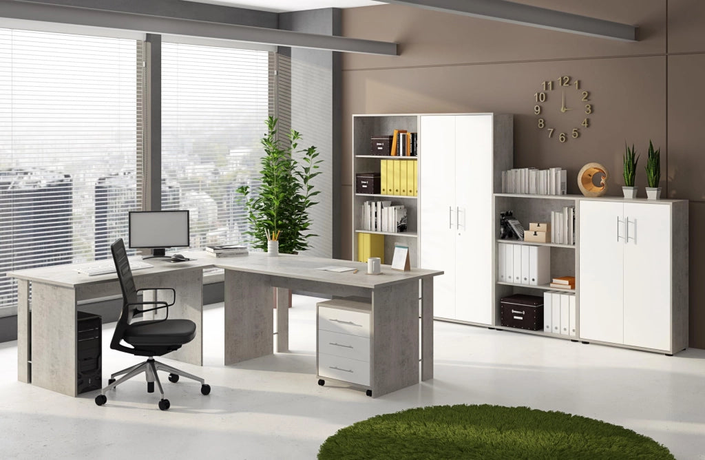 Set Per Ufficio Completo Con 2 Scrivanie 1 Modulo Ad Angolo 1 Cassettiera Con Ruote 2 Armadi Alto E Basso 2 Librerie Alta E Bassa Bianco Frassinato E Grigio Cemento