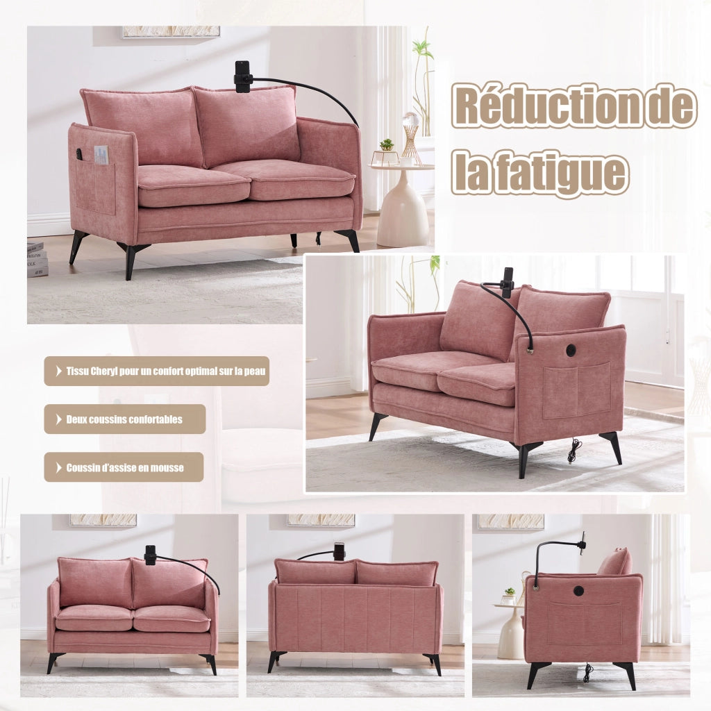 OKWISH Divano 2 Posti con Supporto Regolabile per Telefono e Tasche Laterali, Ciniglia Rosa, 127 x 69 x 66 cm