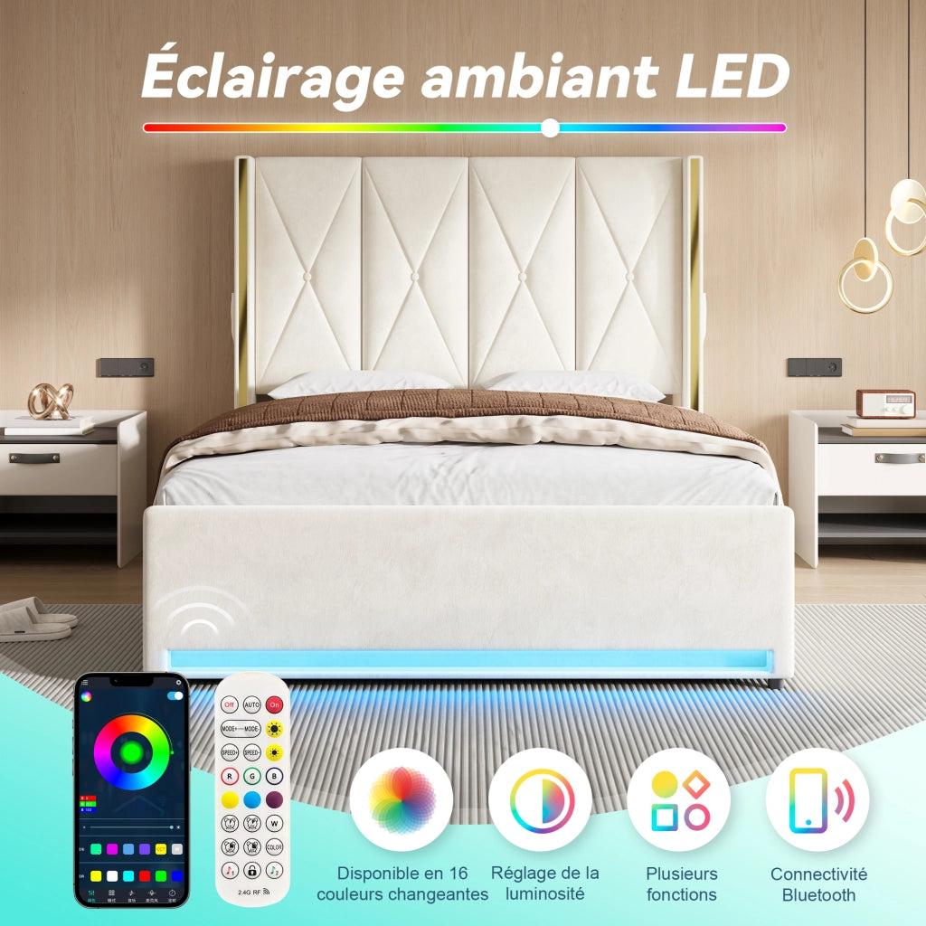 Letto Contenitore Matrimoniale 160x200 cm; USB; Type-C e LED; in Velluto Beige