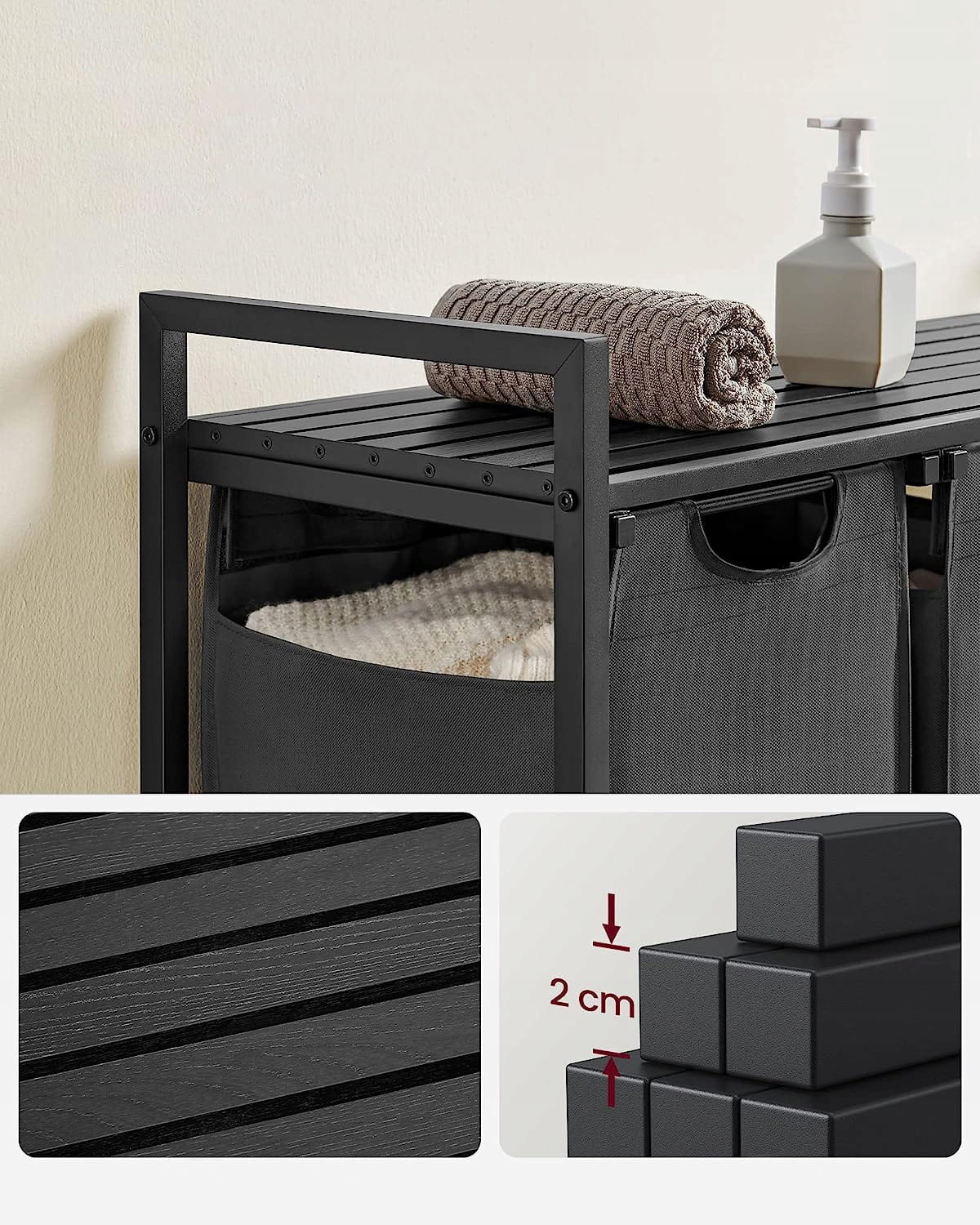 Mobile portabiancheria Valora 3 x 38L grigio e nero | Tre scomparti