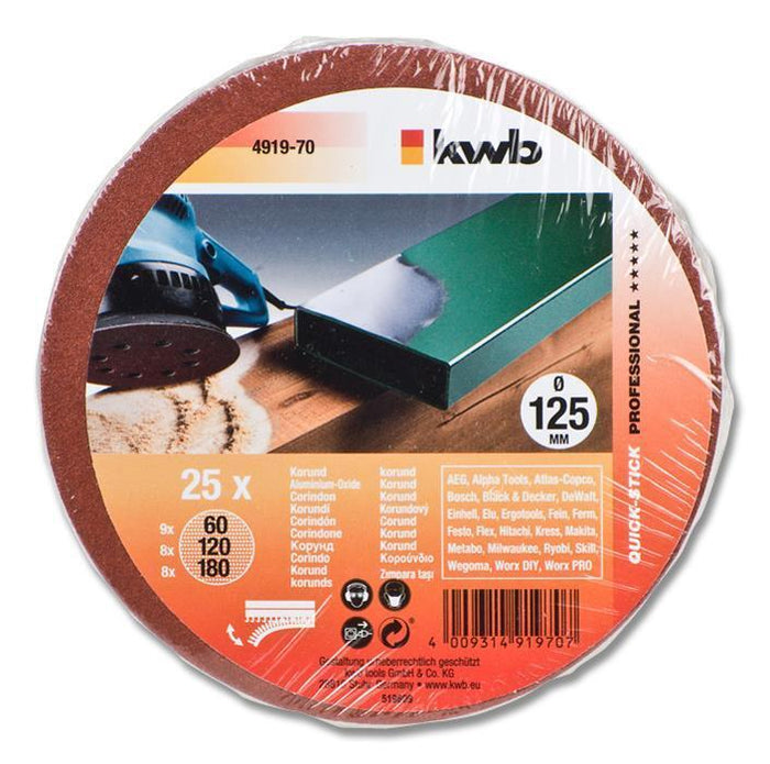 kwb QUICK-STICK Dischi abrasivi, LEGNO & METALLO, corindone pregiato, Ø 115 mm, forati Confezione risparmio, compatta