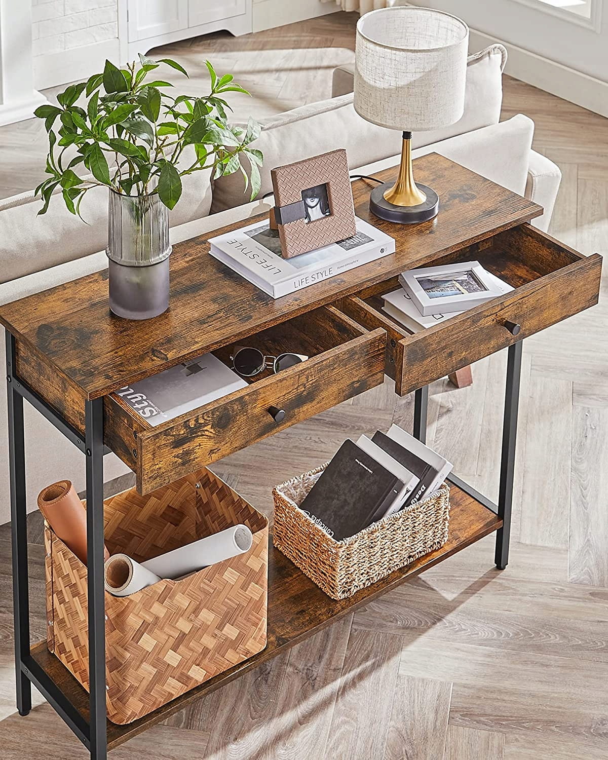 Consolle Valora in stile loft rustico marrone con cassetti