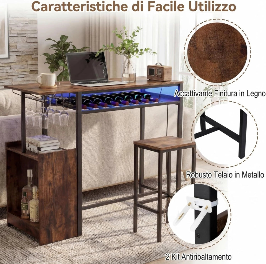 Tavolo da Bar con Luce Regolabile, Tavolino Alto con Stazione di Ricarica, Portabottiglie e Portabicchieri, Tavolino da Cucina per Soggiorno e Sala da Pranzo, 110 x 40 x 92 cm