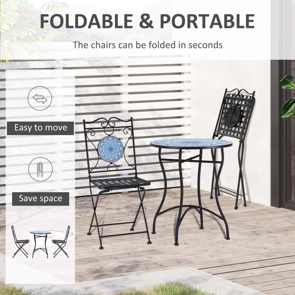 Set Tavolo e 2 Sedie Pieghevoli da Giardino con Mosaico in Metallo