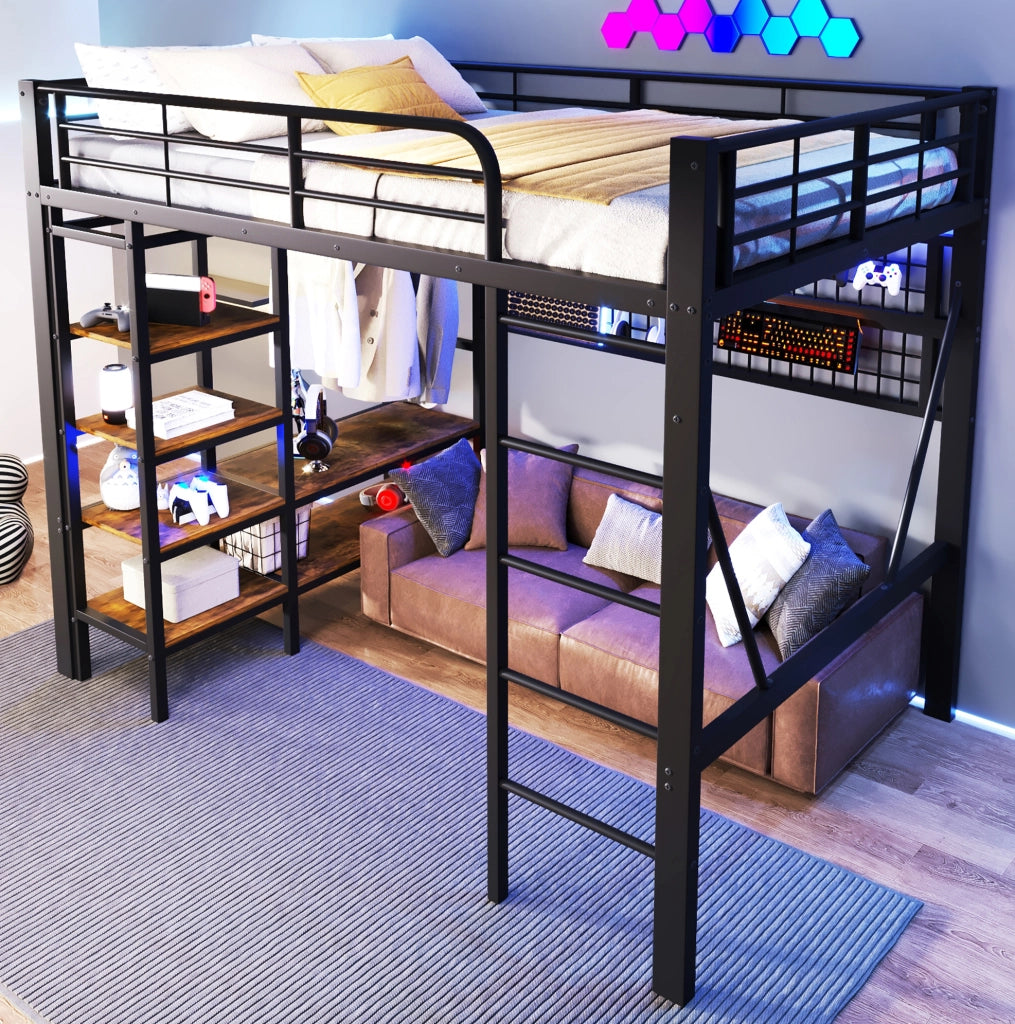 Letto a soppalco 140x200 cm con luce LED; vano aperto; ferro e MDF; nero