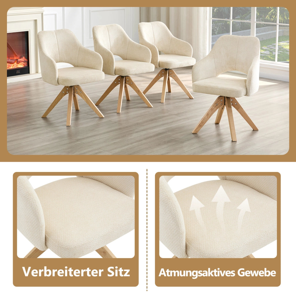 Sedia da Pranzo Set da 2 Girevole a 360° con Schienale Ergonomico per Sala da Pranzo in Tessuto e Legno Bianco