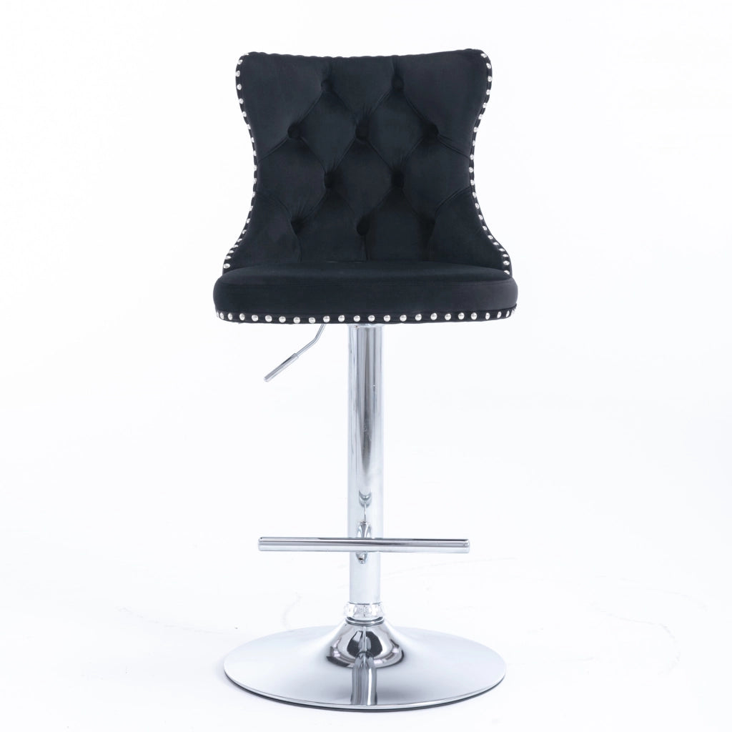 Sgabello da bar girevole in velluto con altezza regolabile, schienale ergonomico e base cromata nera per casa
