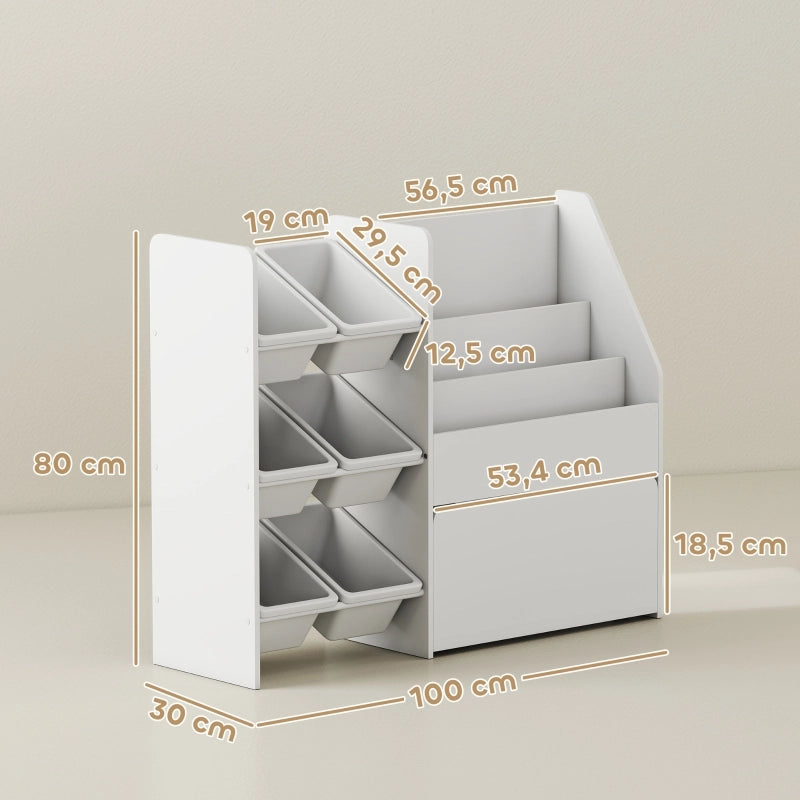 Scaffale per bambini con 6 contenitori estraibili, libreria e box su ruote, bianco