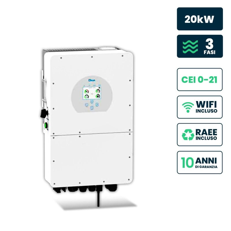 Inverter Fotovoltaico Deye Trifase Ibrido ALTA TENSIONE On-Grid/Off-Grid 20kW CEI 0-21, Schermo LCD Touch a Colori, Smart Meter Integrato, WiFi e TA, Garanzia 10 Anni IP65 SKU-12170